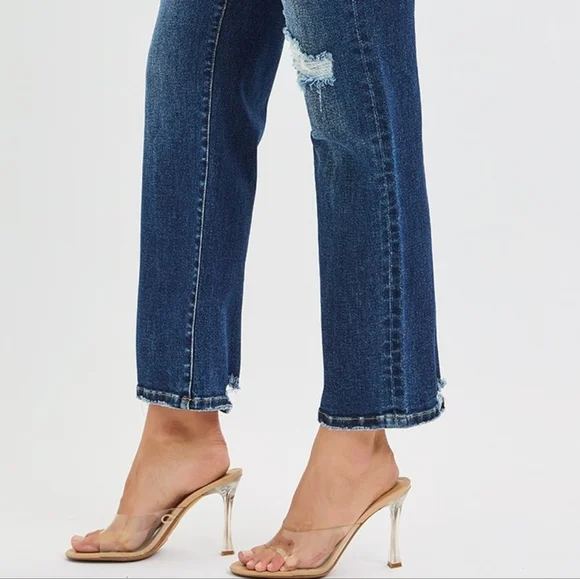 RISEN High-Rise Waist Distressed Patch Knee Straight Leg Pants Ankle Denim Jeans - Picture 12 of 16